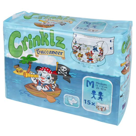Medium adult diapers, Buccaneer pirate print, plastic-backed, pack 15