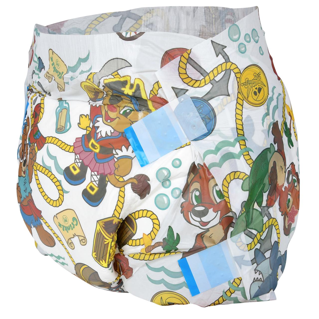 Medium adult diaper with Buccaneer pirate characters and ships print