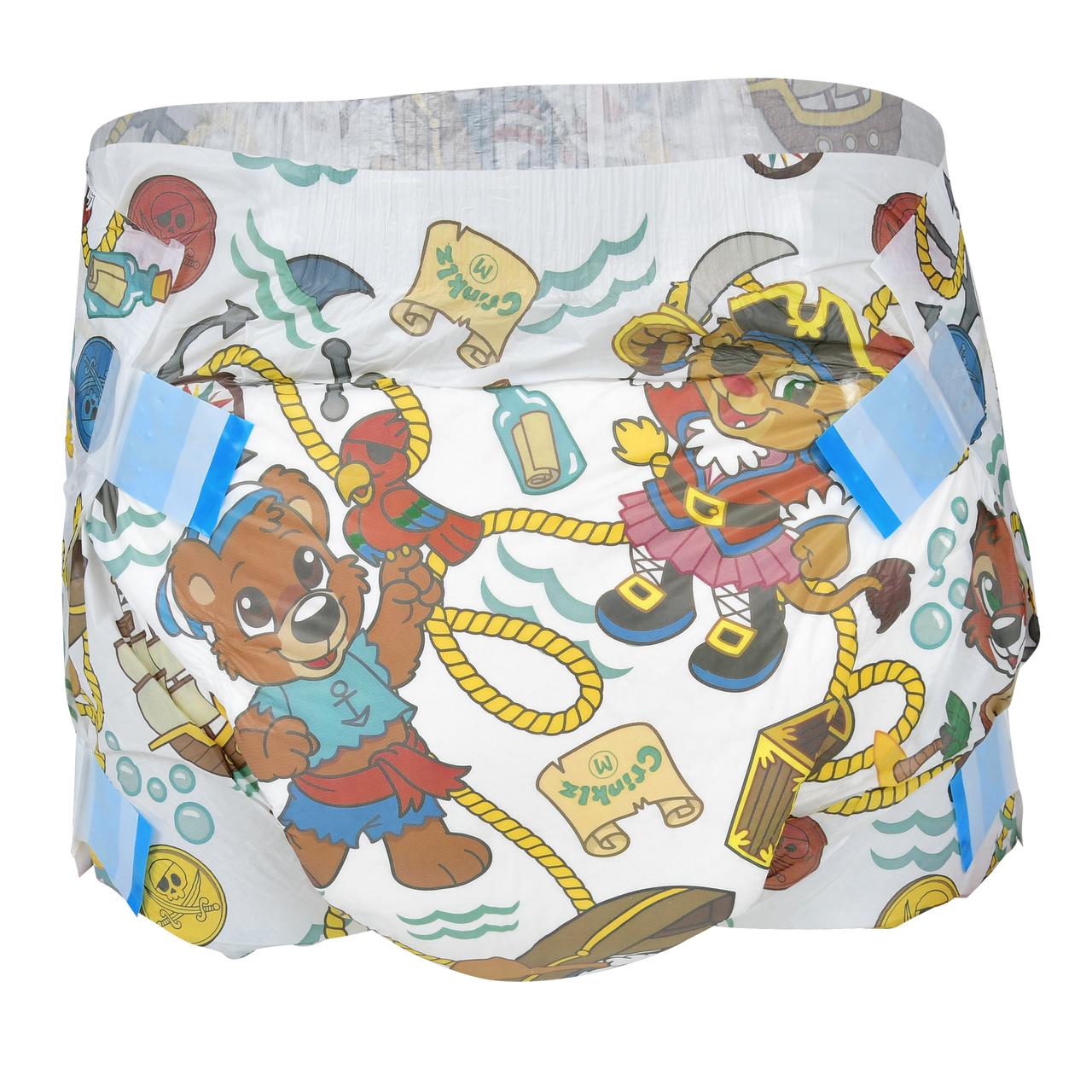 Medium adult diaper with Buccaneer pirate scene print, plastic-backed look