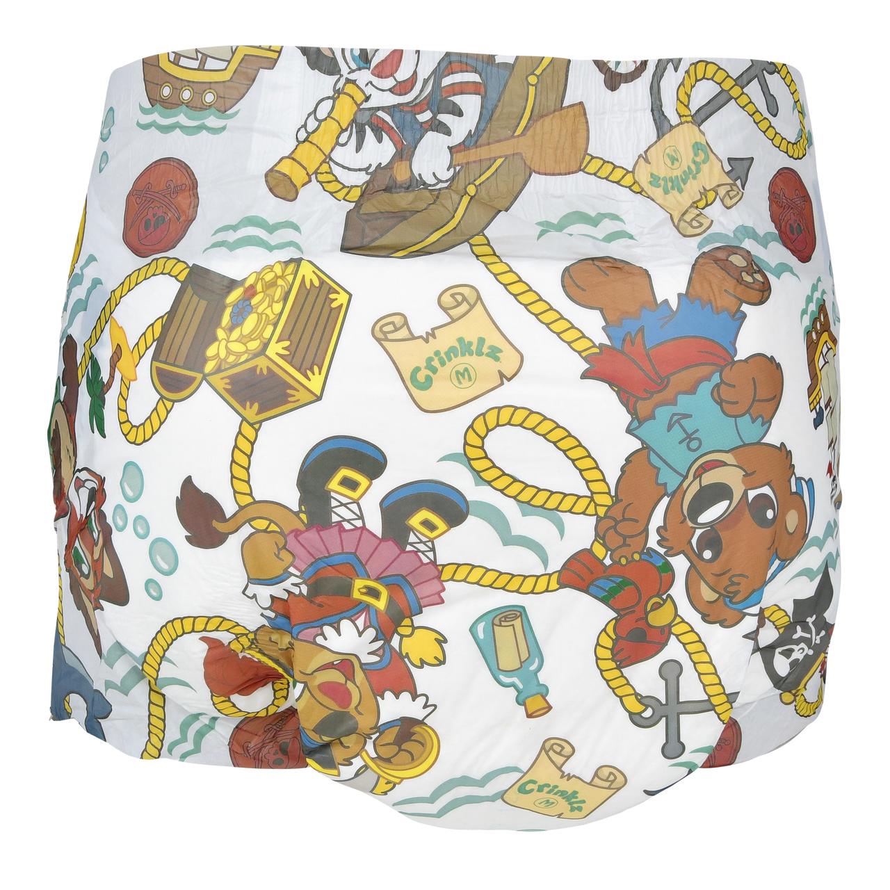 Medium adult diaper pattern with Crinklz logo and pirate/ship graphics