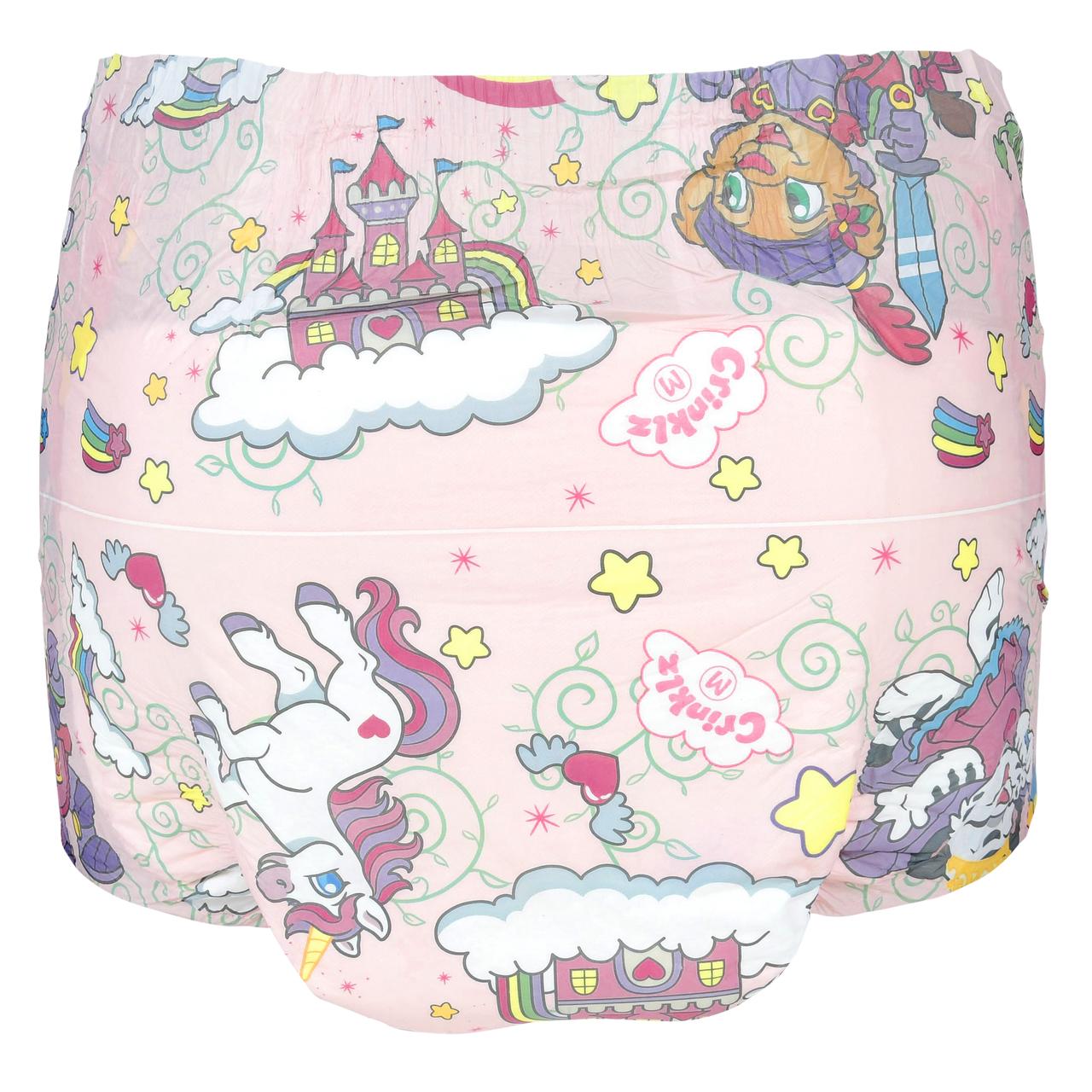 Fairy Tale printed adult diapers with unicorns and castles, medium size, cartoon print
