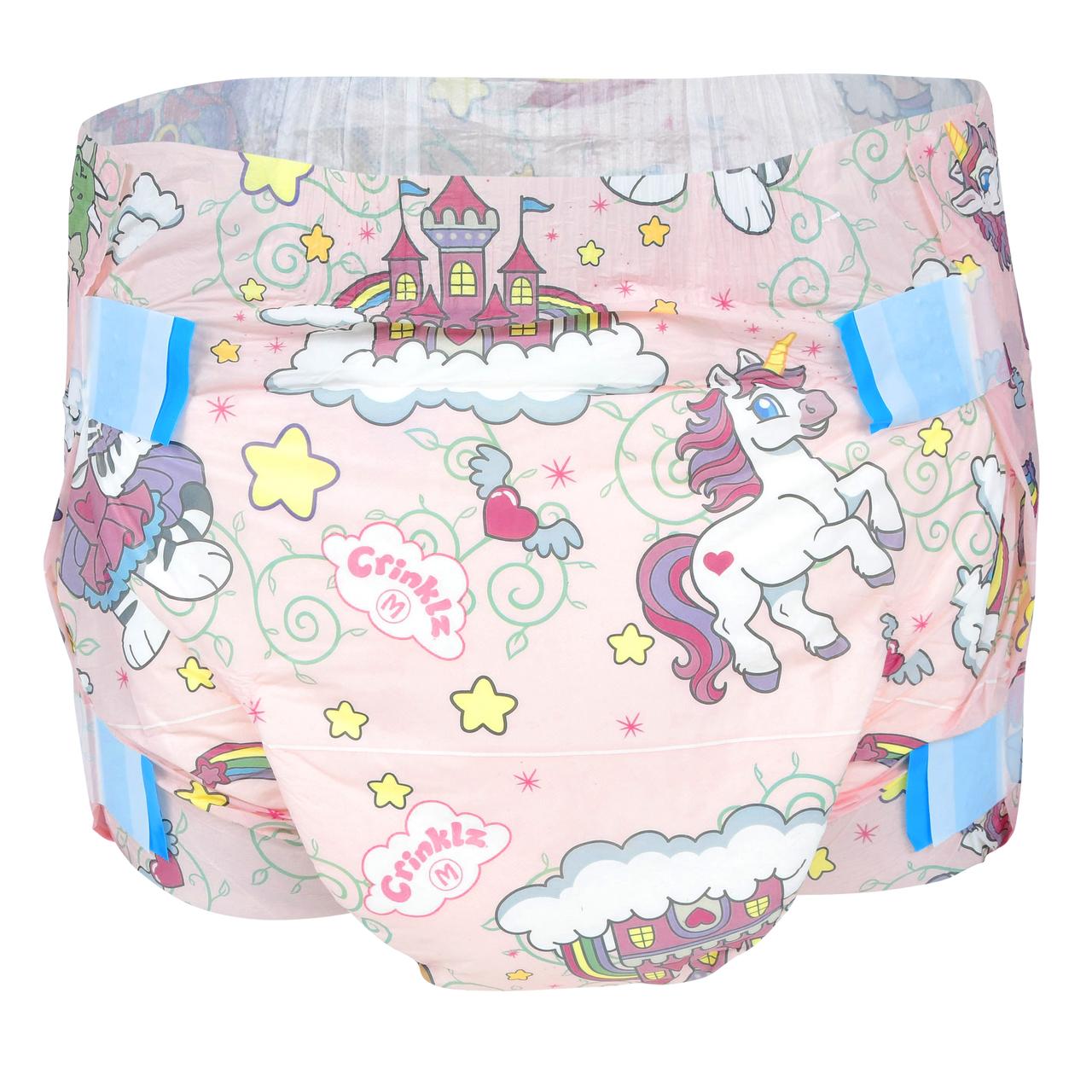 Fairy Tale printed adult diapers, back view with blue fastening tabs, medium, 15x