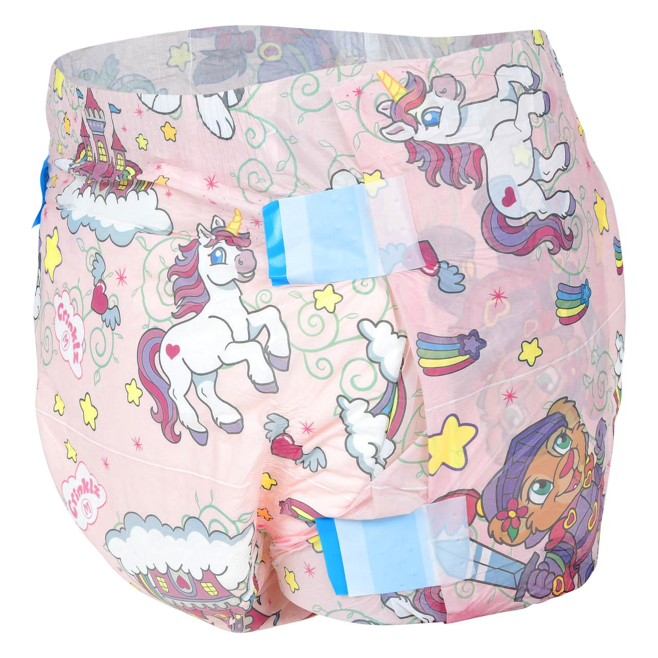 Fairy Tale printed adult diapers with unicorn and owl characters, medium, blue tabs