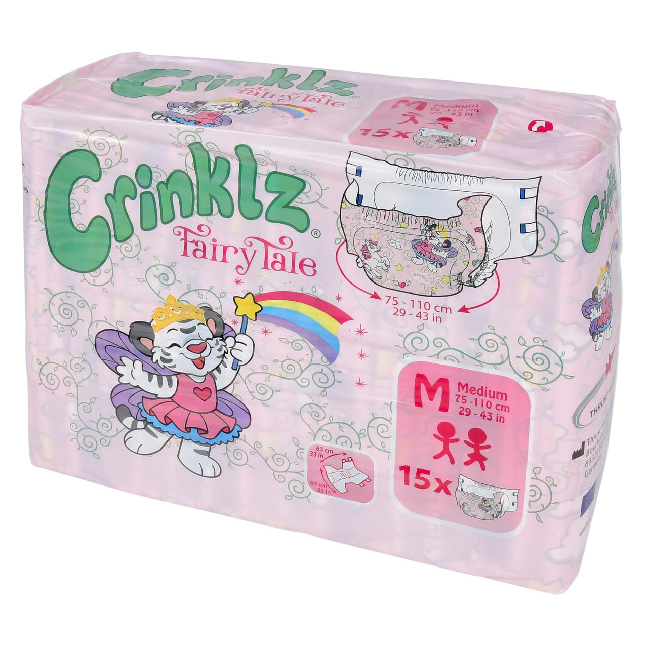 Fairy Tale printed adult diapers, medium size, 15-count pack, plastic backing