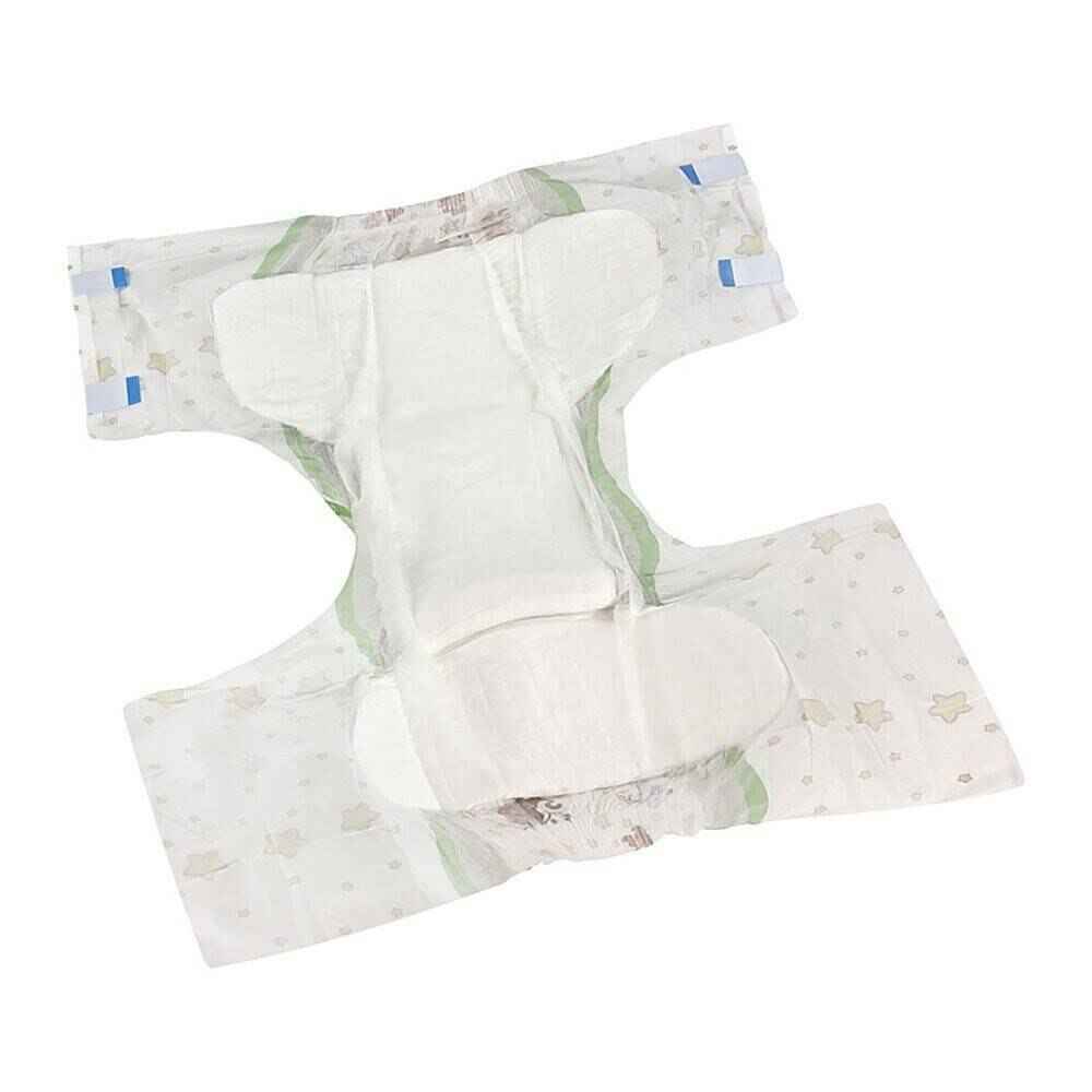 Adult diaper with white outer layer and blue label tabs, printed backing visible