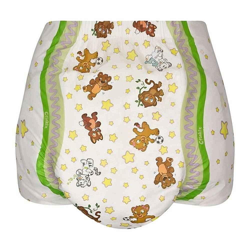 Printed adult diaper front with brown animal and star pattern on white