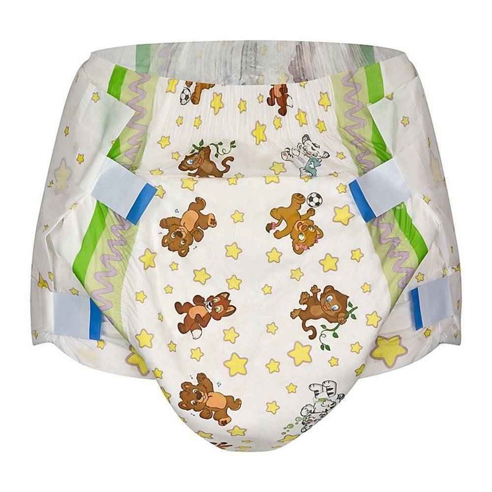 Printed adult diaper with teddy bear pattern and stars on white background