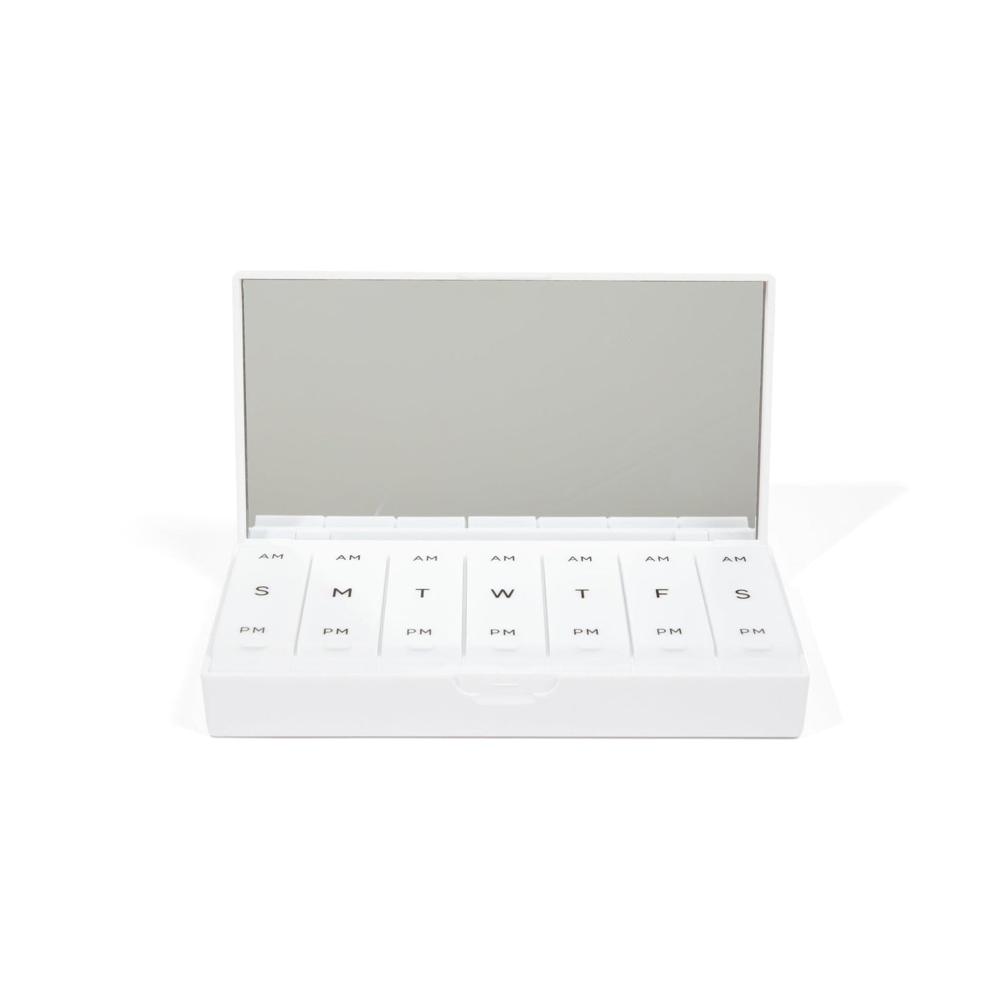 White AM/PM pill organizer with lid open and row of labeled compartments