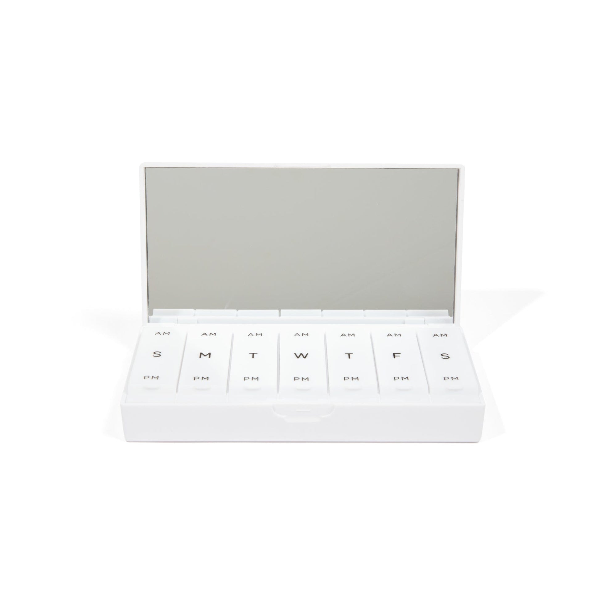 White AM/PM pill organizer with lid open and row of labeled compartments