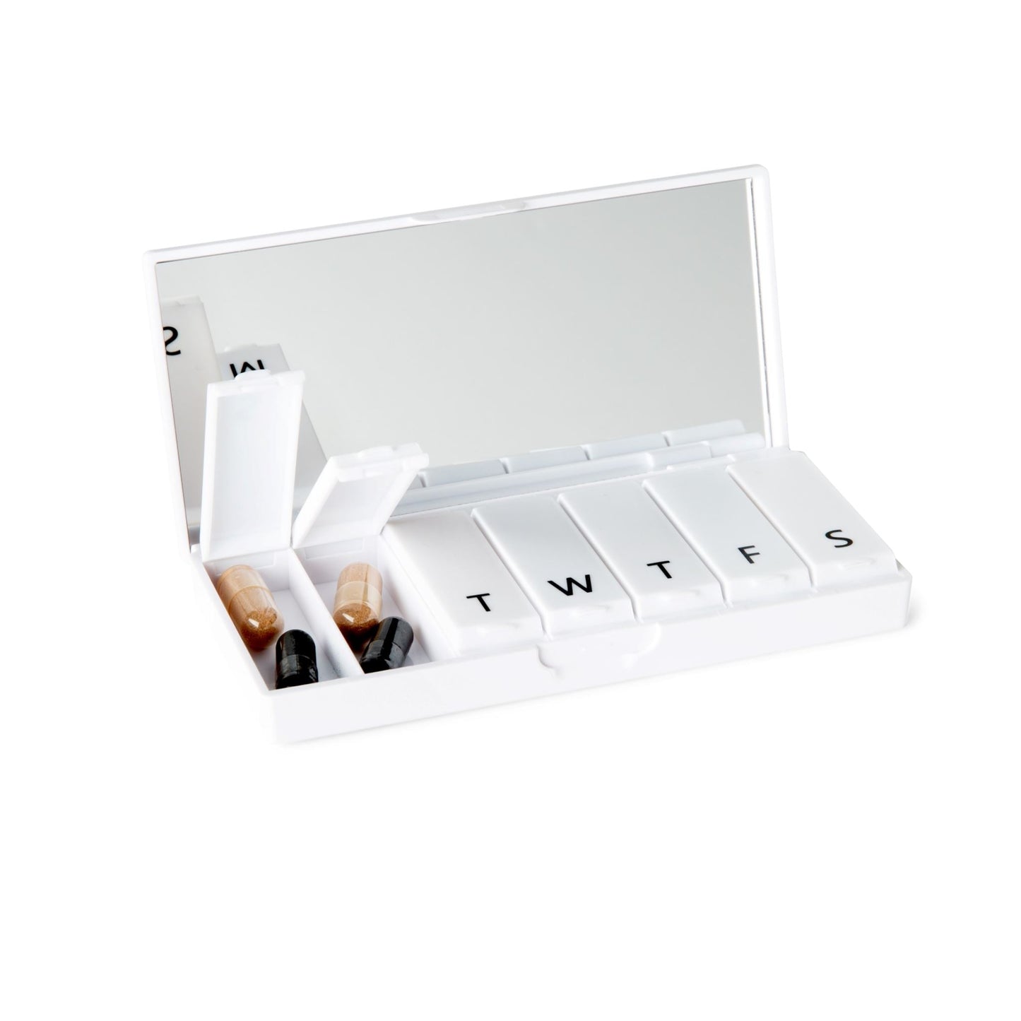White pill box with open lid and weekly letter compartments, plus small filler tray