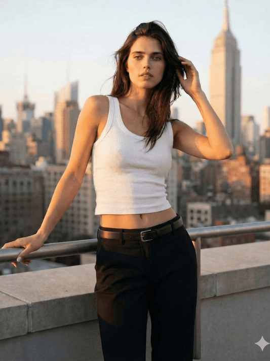 White cropped ribbed tank with scoop neck and sleeveless design