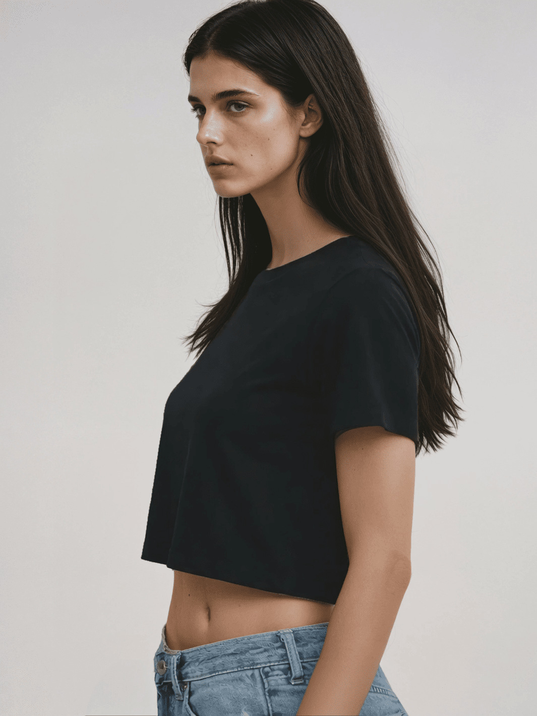 Black cropped tee in profile, crew neck and short sleeves