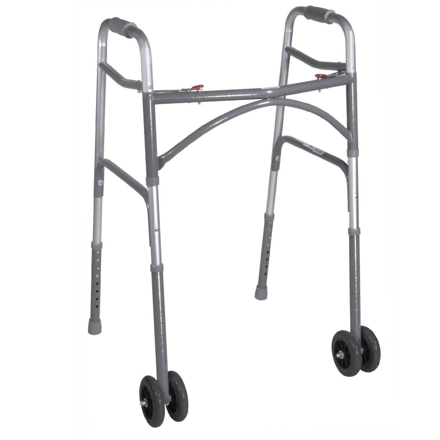 Heavy duty bariatric two-button walker with wheels, silver frame and black hand grips