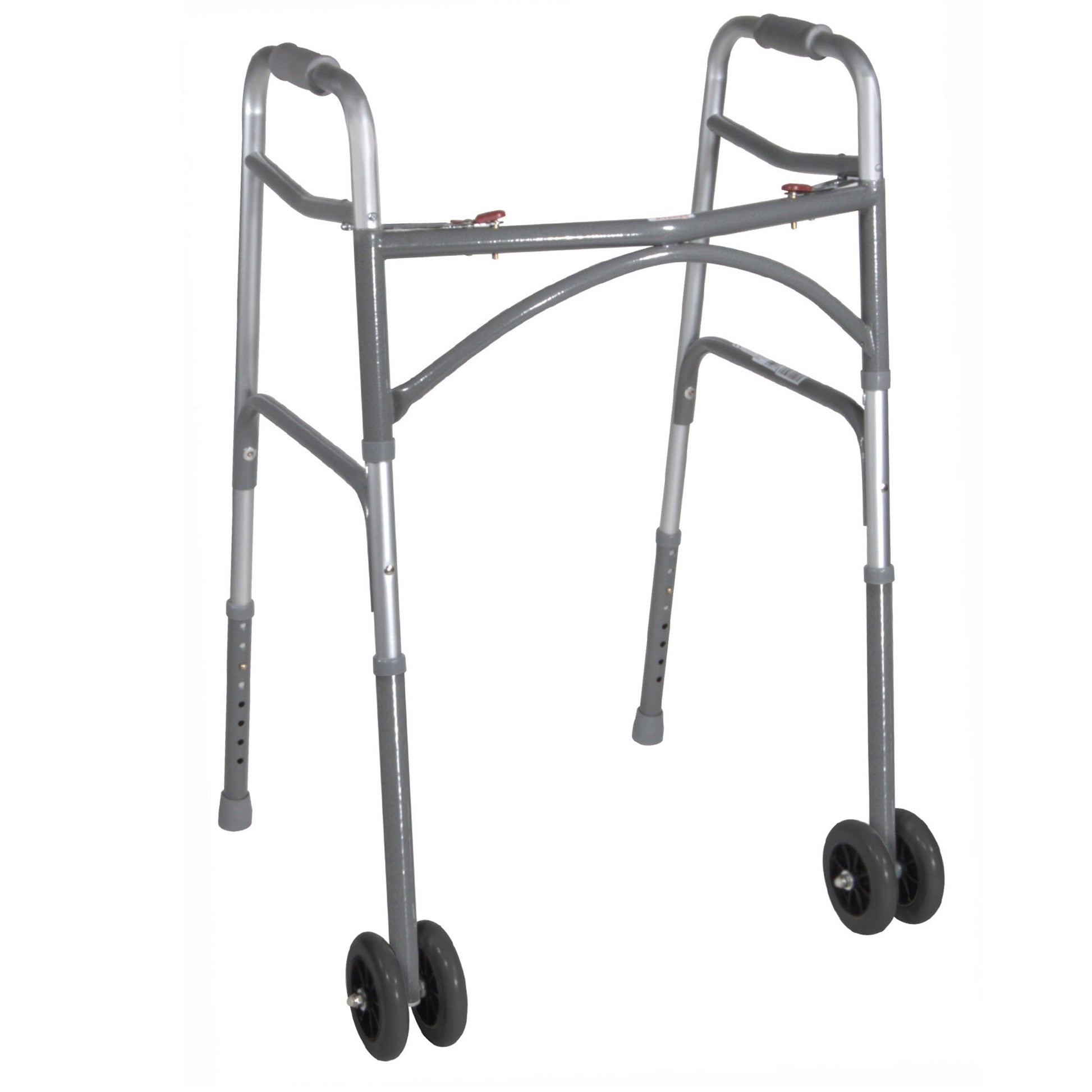 Heavy duty bariatric two-button walker with wheels, silver frame and black hand grips