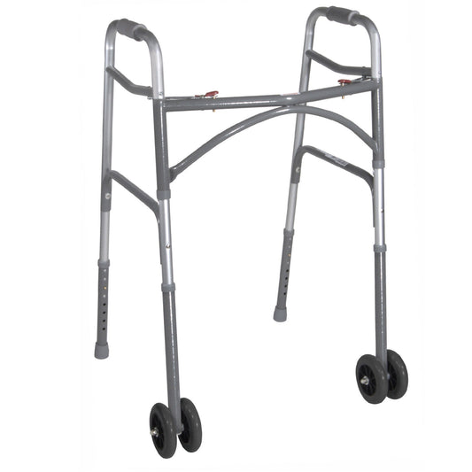 Heavy duty bariatric two-button walker with wheels, silver frame and black hand grips