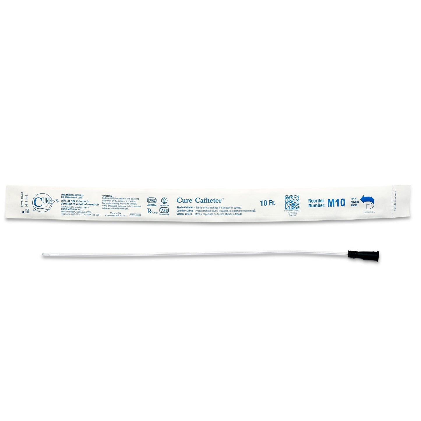 Male uncoated PVC straight-tip urethral catheter, 10 Fr, black tip cap