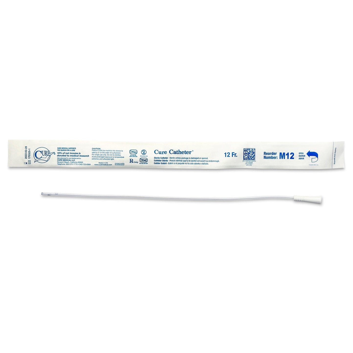 Male uncoated PVC straight-tip urethral catheter, 12 Fr, white tip