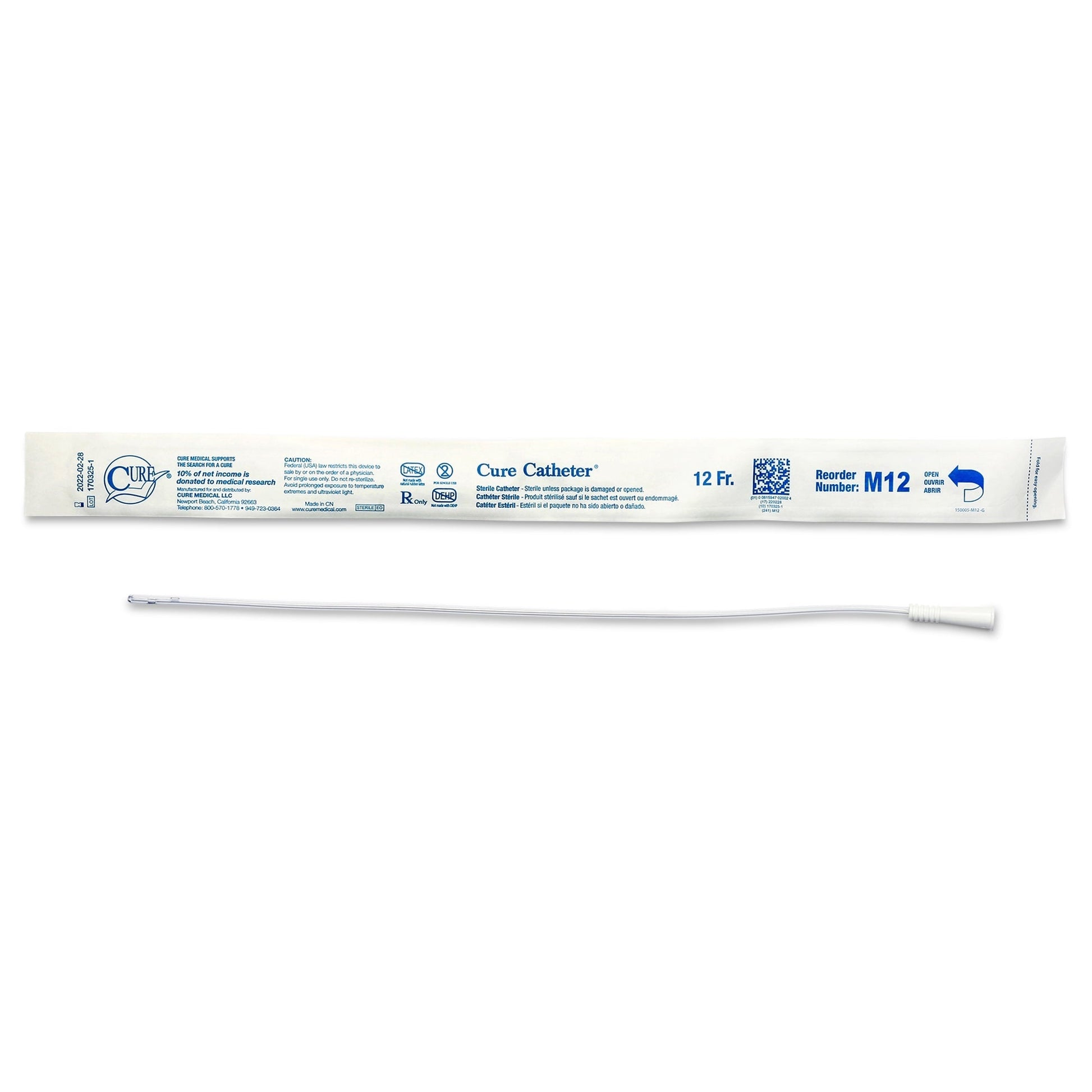 Male uncoated PVC straight-tip urethral catheter, 12 Fr, white tip