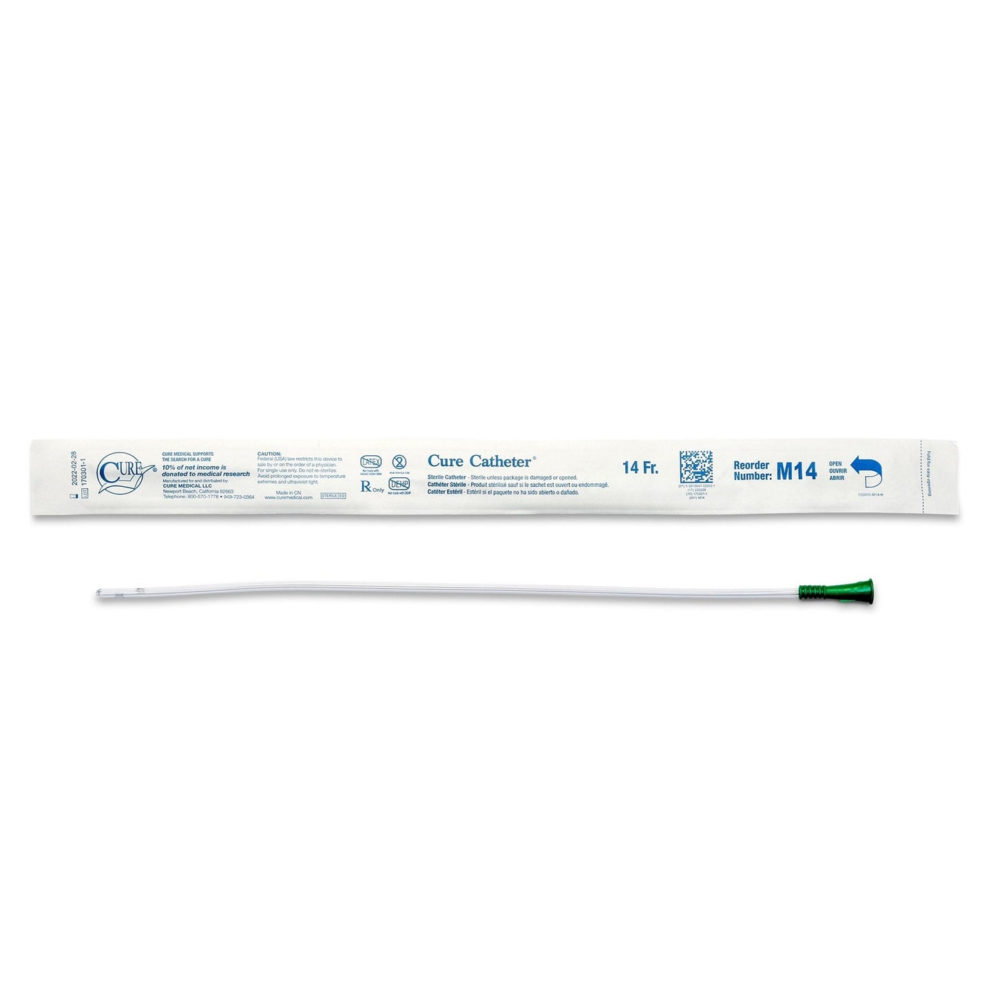 Male uncoated PVC straight-tip urethral catheter, 14 Fr, green tip cap