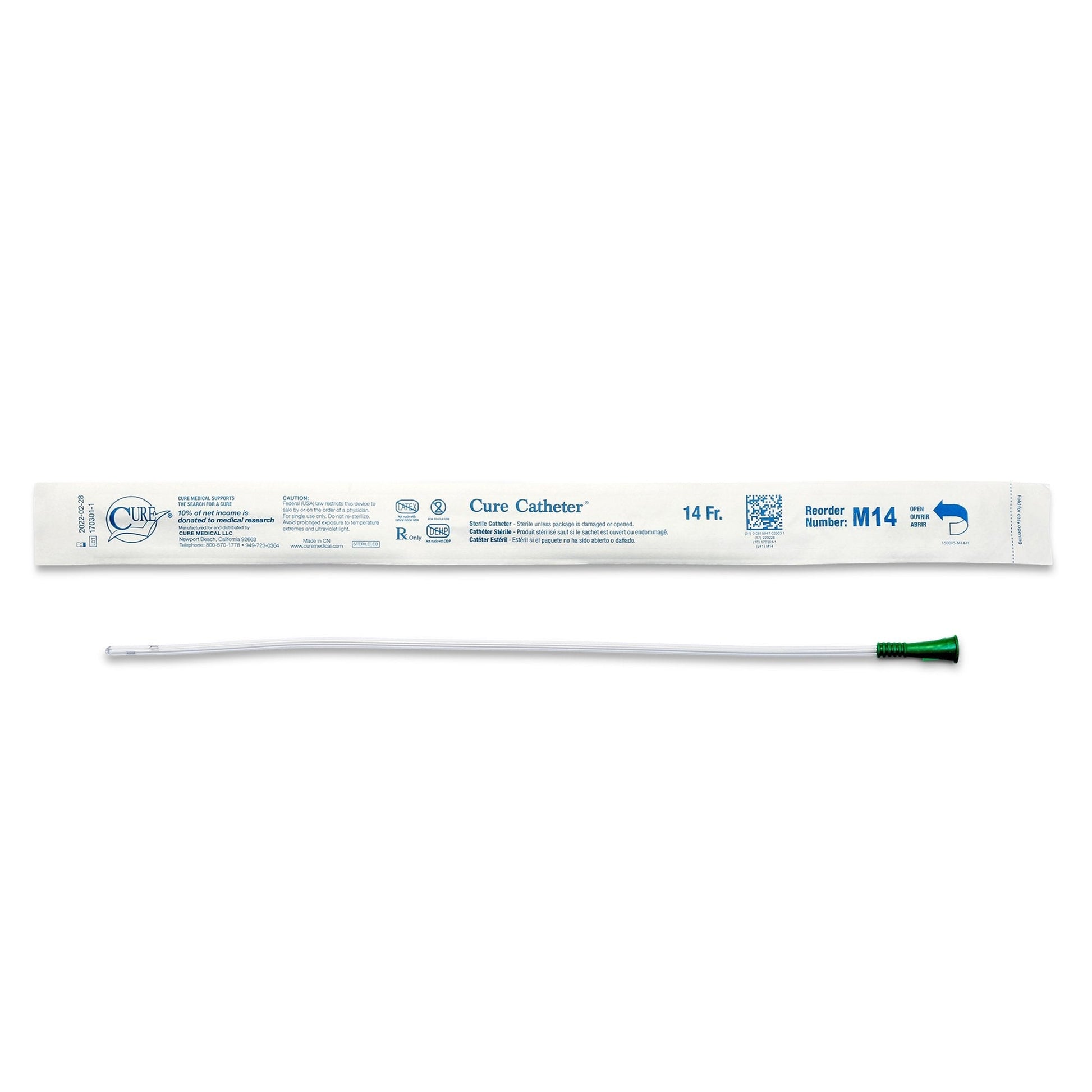 Male uncoated PVC straight-tip urethral catheter, 14 Fr, green tip cap