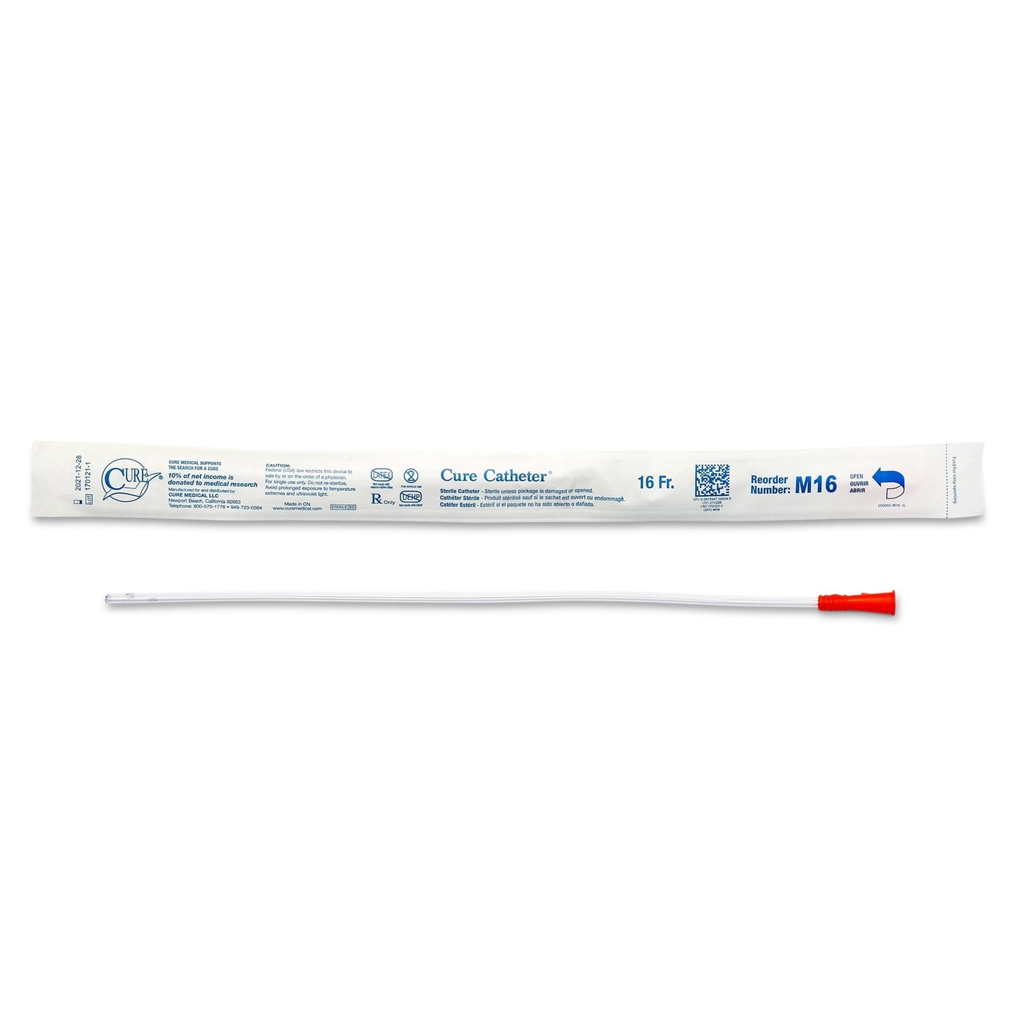 Male uncoated PVC straight-tip urethral catheter, 16 Fr, orange tip cap