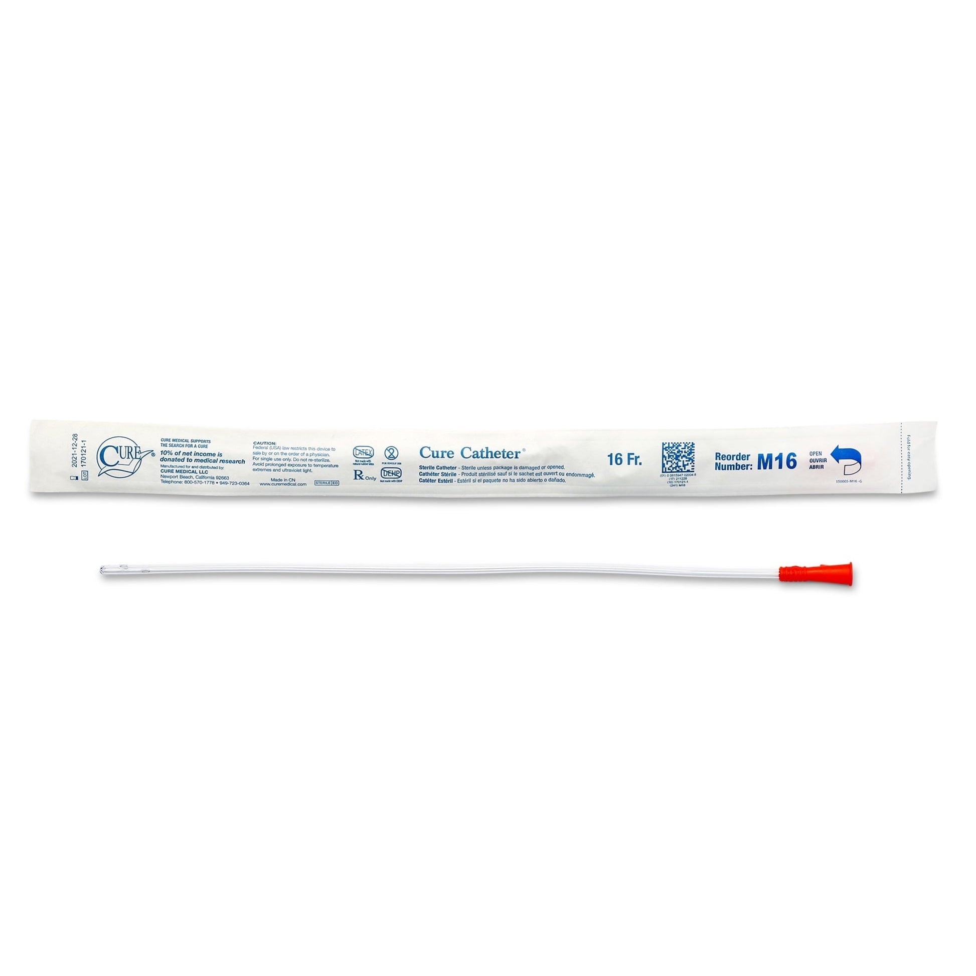 Male uncoated PVC straight-tip urethral catheter, 16 Fr, orange tip cap