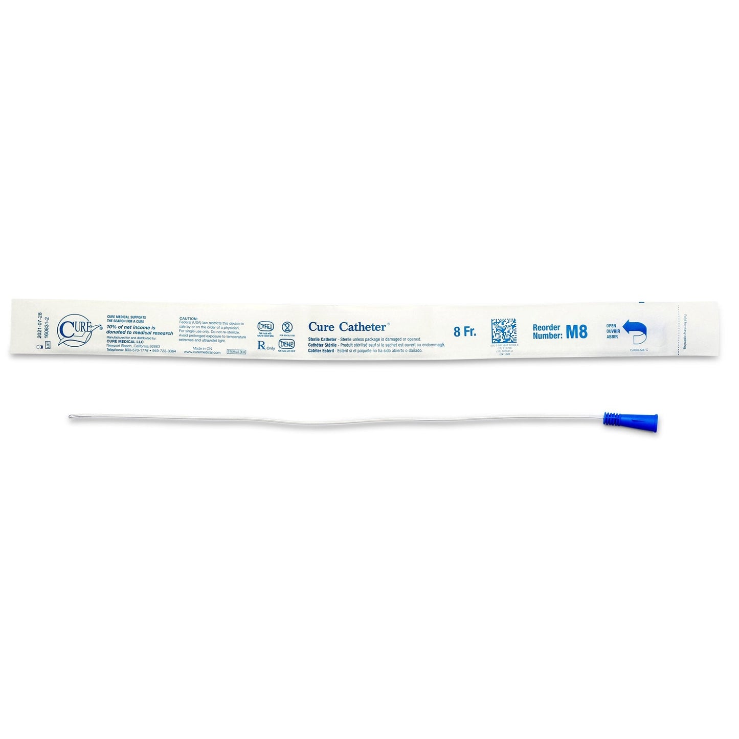 Male uncoated PVC straight-tip urethral catheter, 8 Fr, blue tip cap