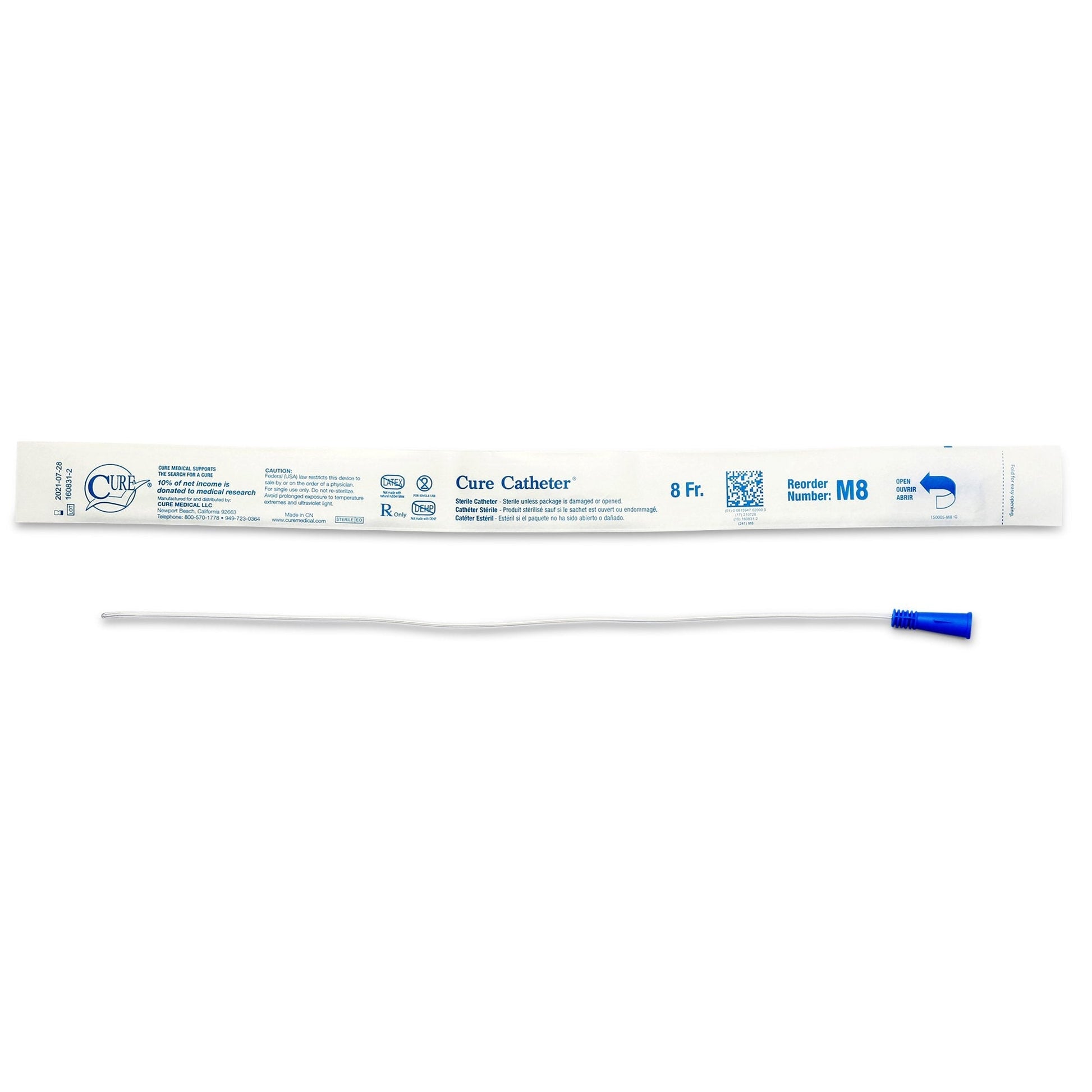 Male uncoated PVC straight-tip urethral catheter, 8 Fr, blue tip cap