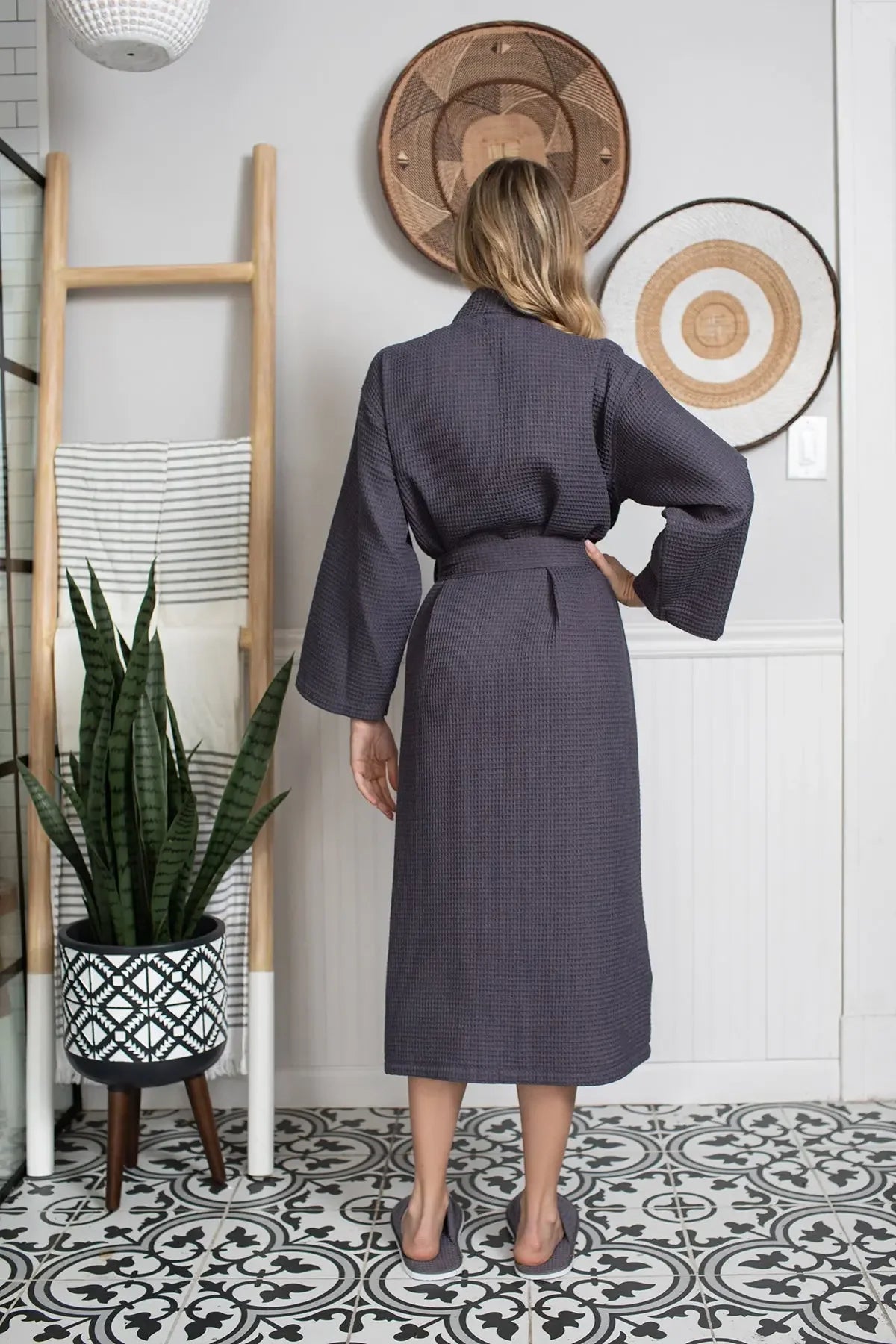 Womens waffle robe, dark charcoal, back view with tie belt and long sleeves.
