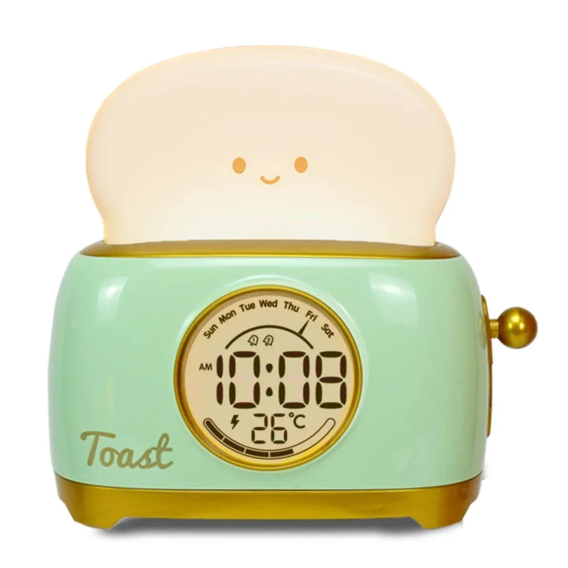 Green toaster night light alarm clock with glowing lid and round temperature/time screen