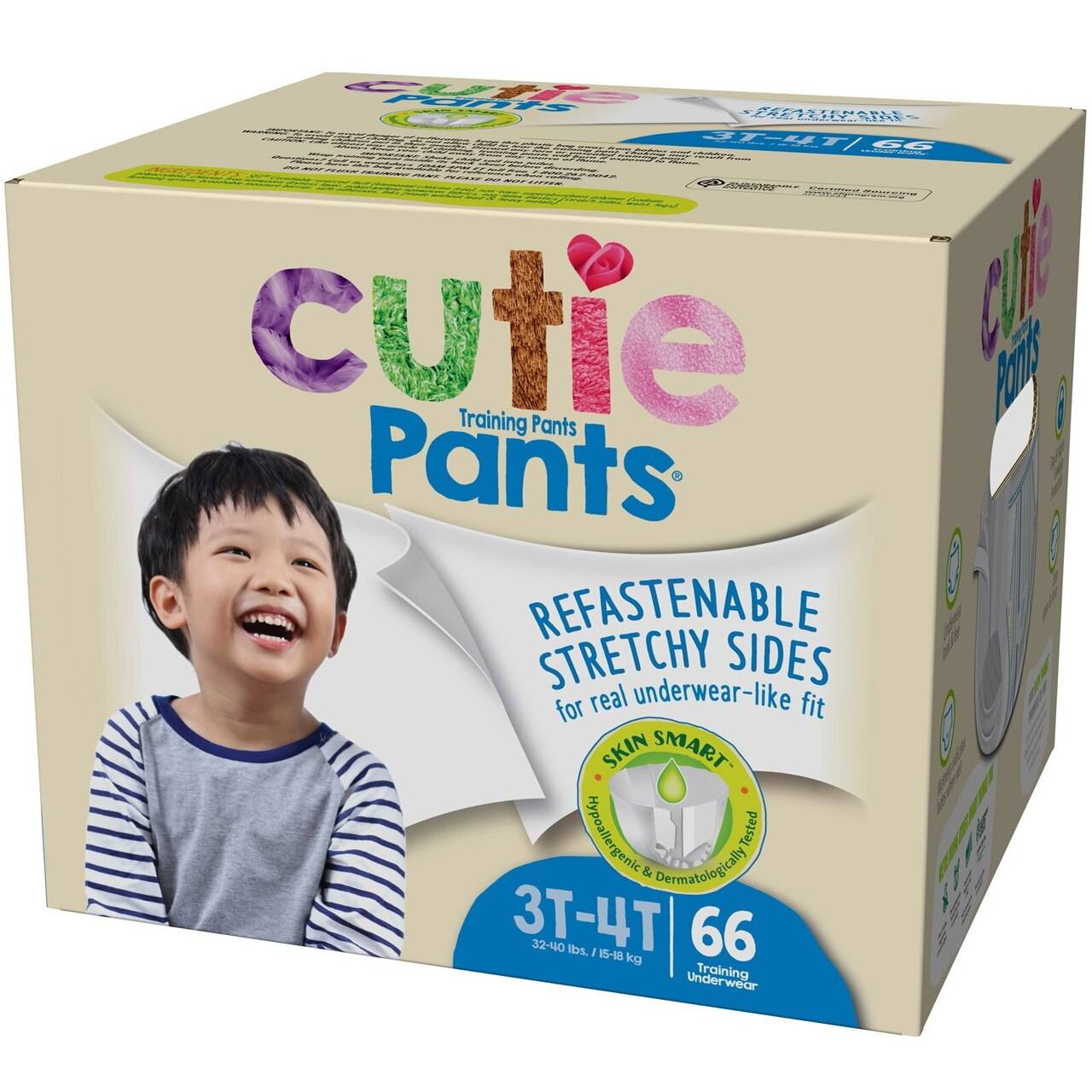 Cutie training pants boys 3T-4T, refastenable stretchy sides, 66-count box packaging.