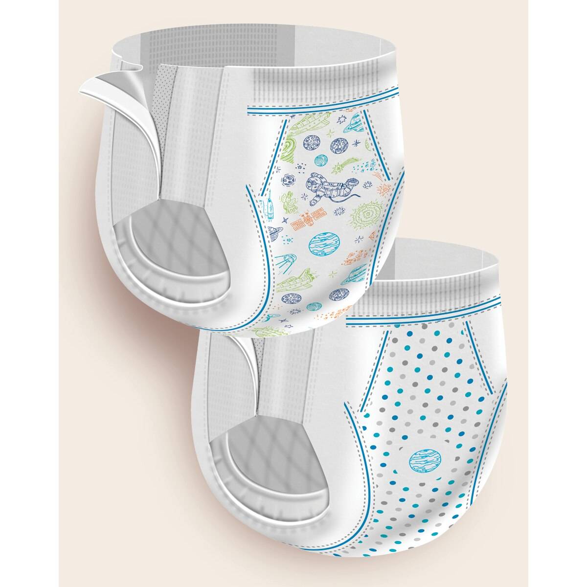 White boys training pants with blue space and planet print, pull-up style