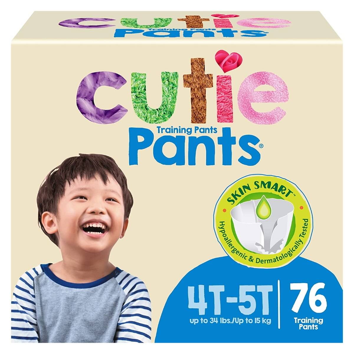 Boys training pants package, 4T–5T size, blue weight range printed on box