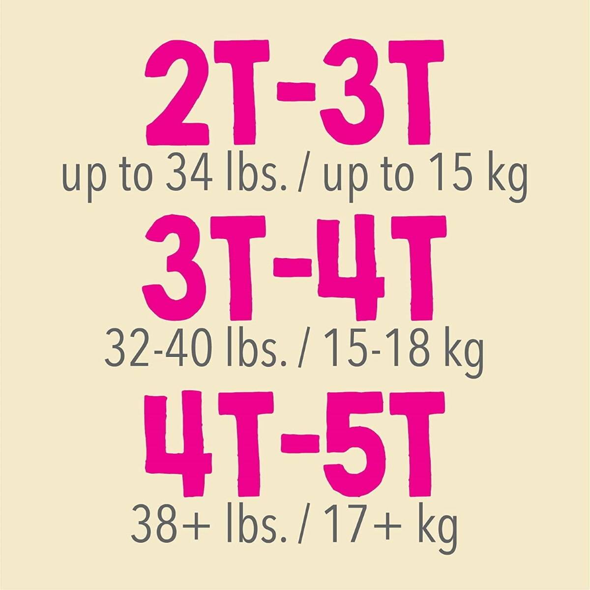 Size chart: 2T-3T up to 34 lb / up to 15 kg