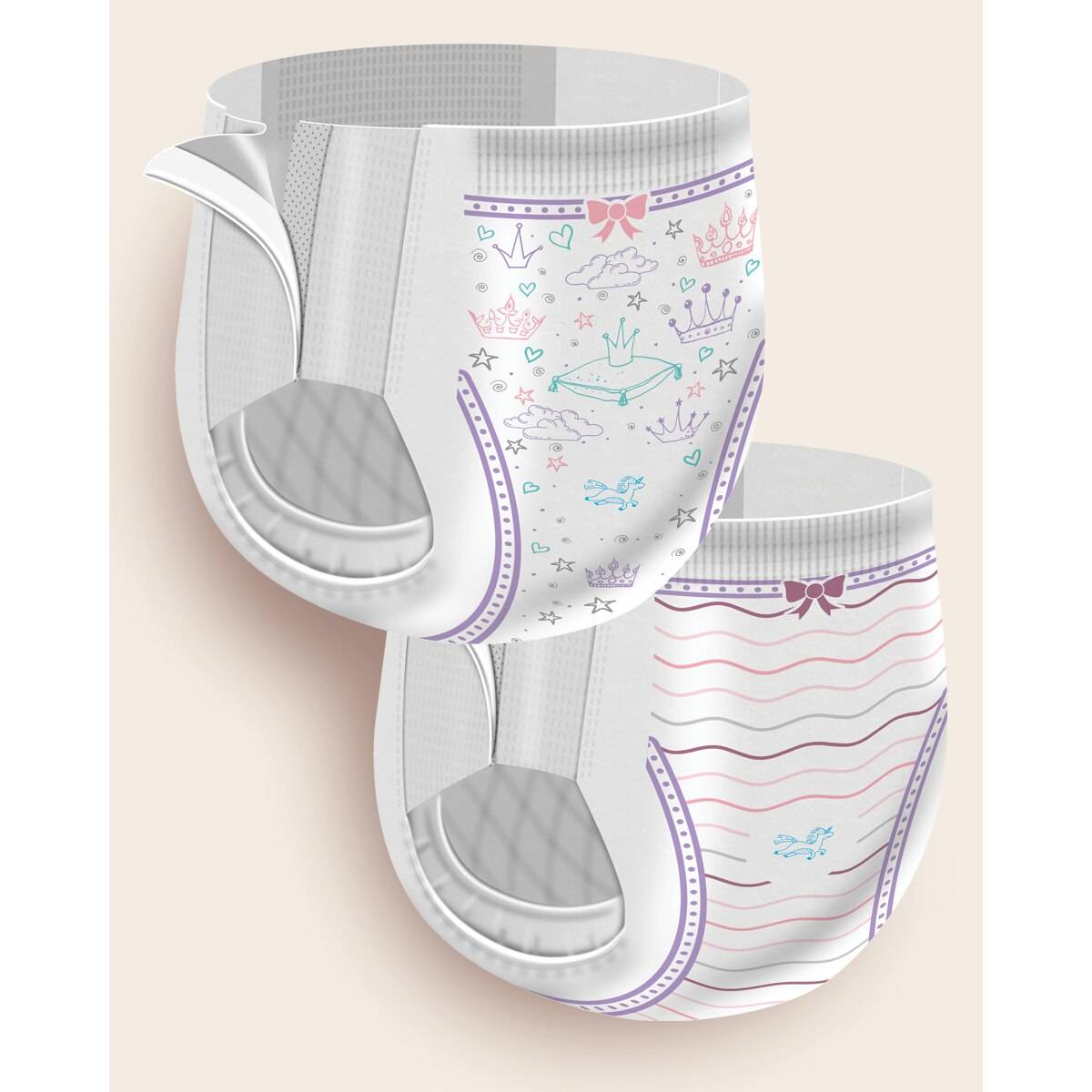 Girls training pants with rocket and star print, white with purple trim