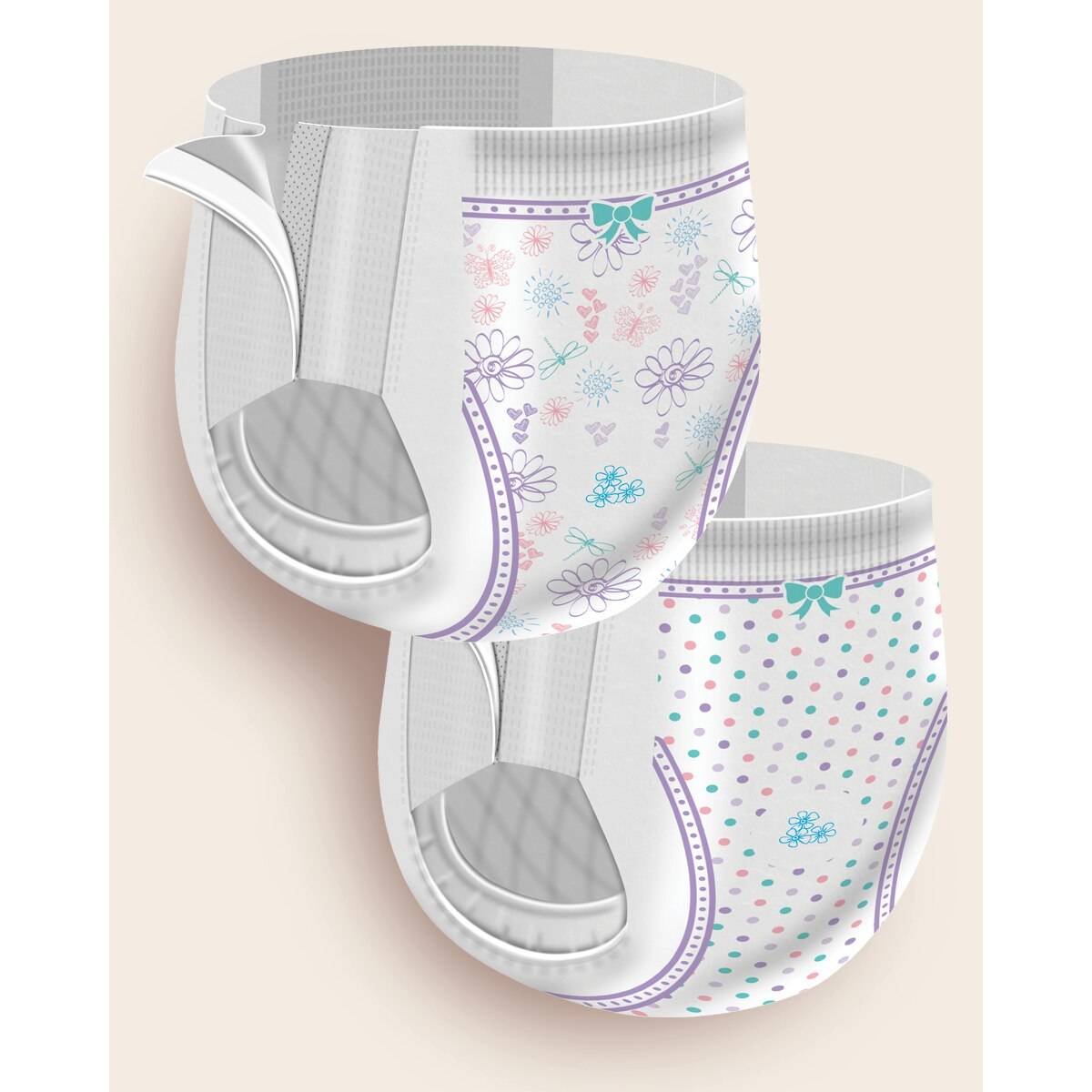 White girls training pants with purple trim, floral and dot print, elastic leg openings