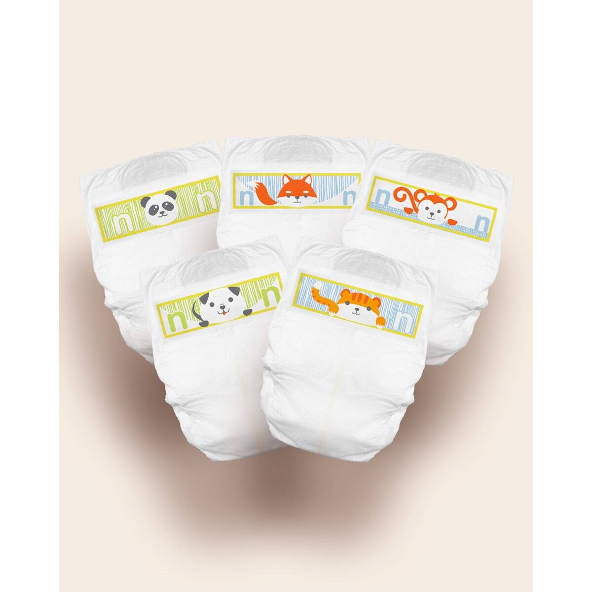 Newborn diapers with animal-themed side tabs and playful prints