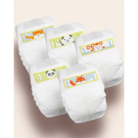 Pack of white Size 1 baby diapers with cute animal prints