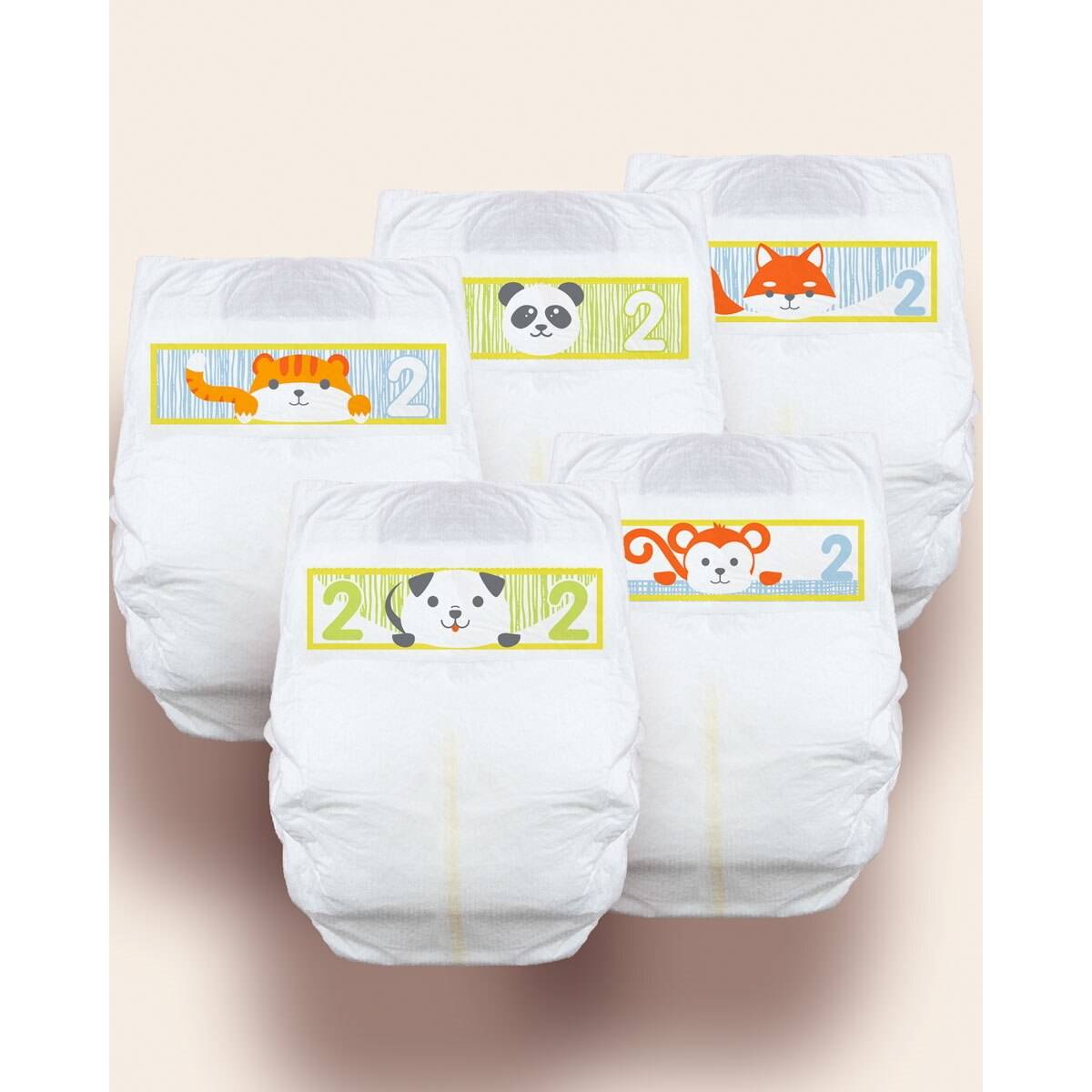 Size 2 baby diapers with animal face stickers on front panels (4-pack shown)