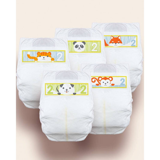 Size 2 baby diapers with animal face stickers on front panels (4-pack shown)