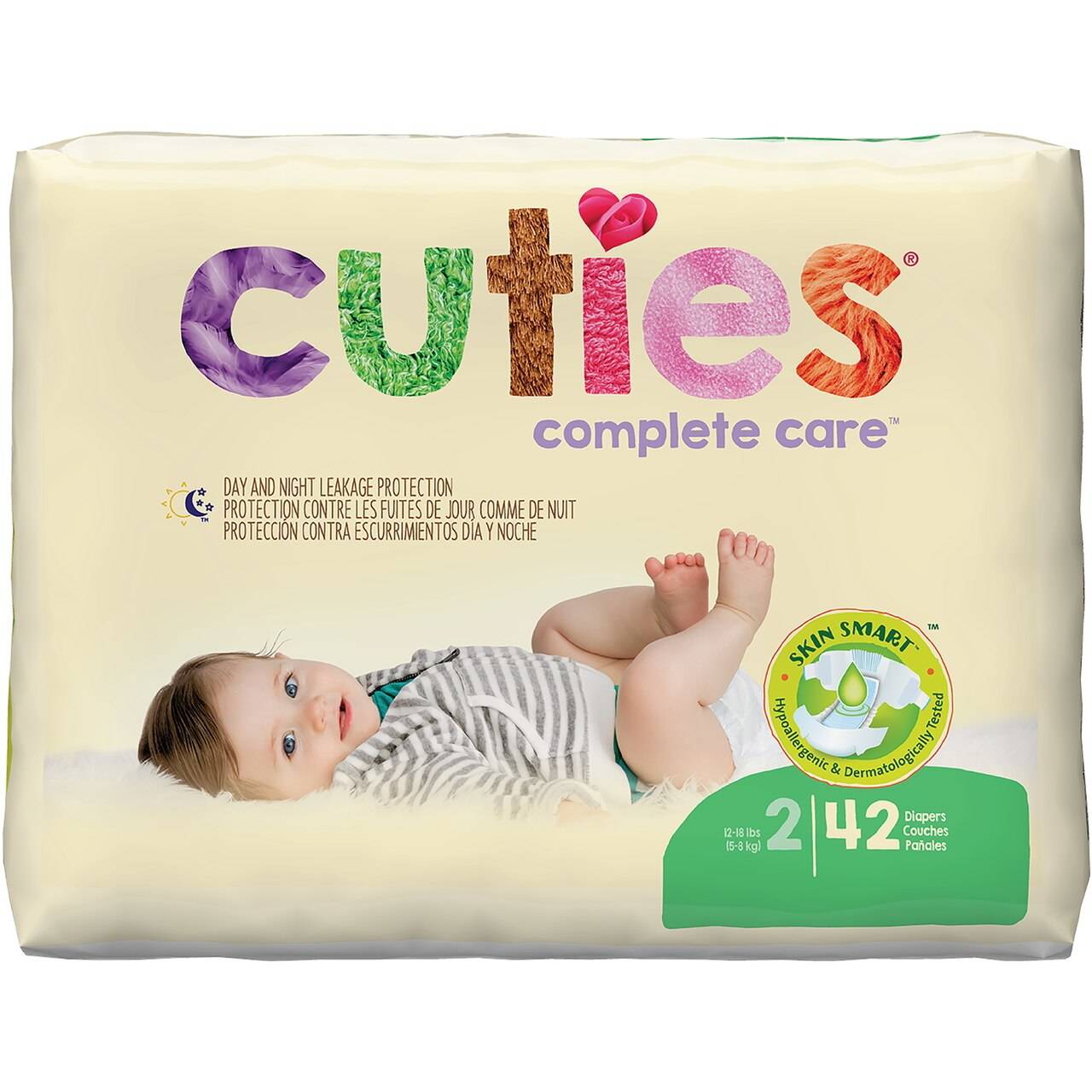 Size 2 baby diapers, 42-count pack; skin-safety badge and cartoon branding