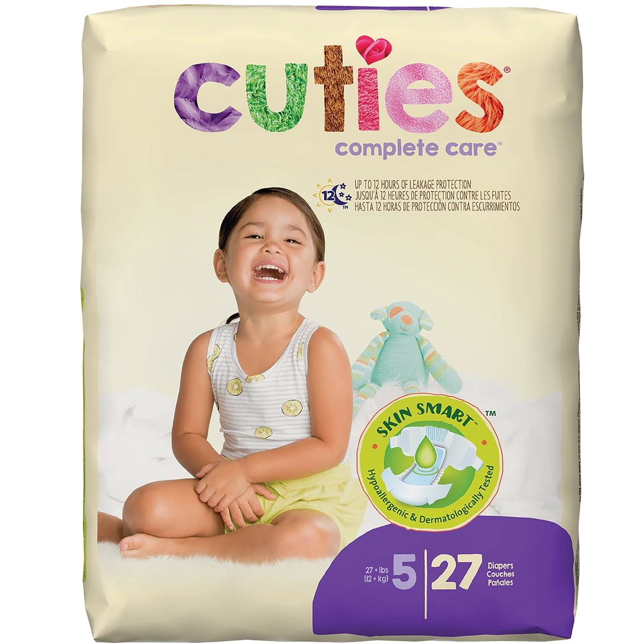 Cuties Complete Care baby diapers, size 5, pack of 27 (27 count) front package