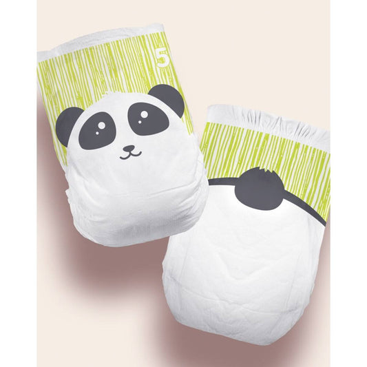 Size 5 baby diapers with panda graphic; two diaper packs shown