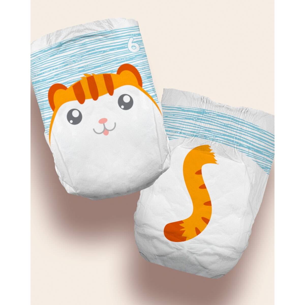 Size 6 baby diapers with orange tiger face and blue striped waistband