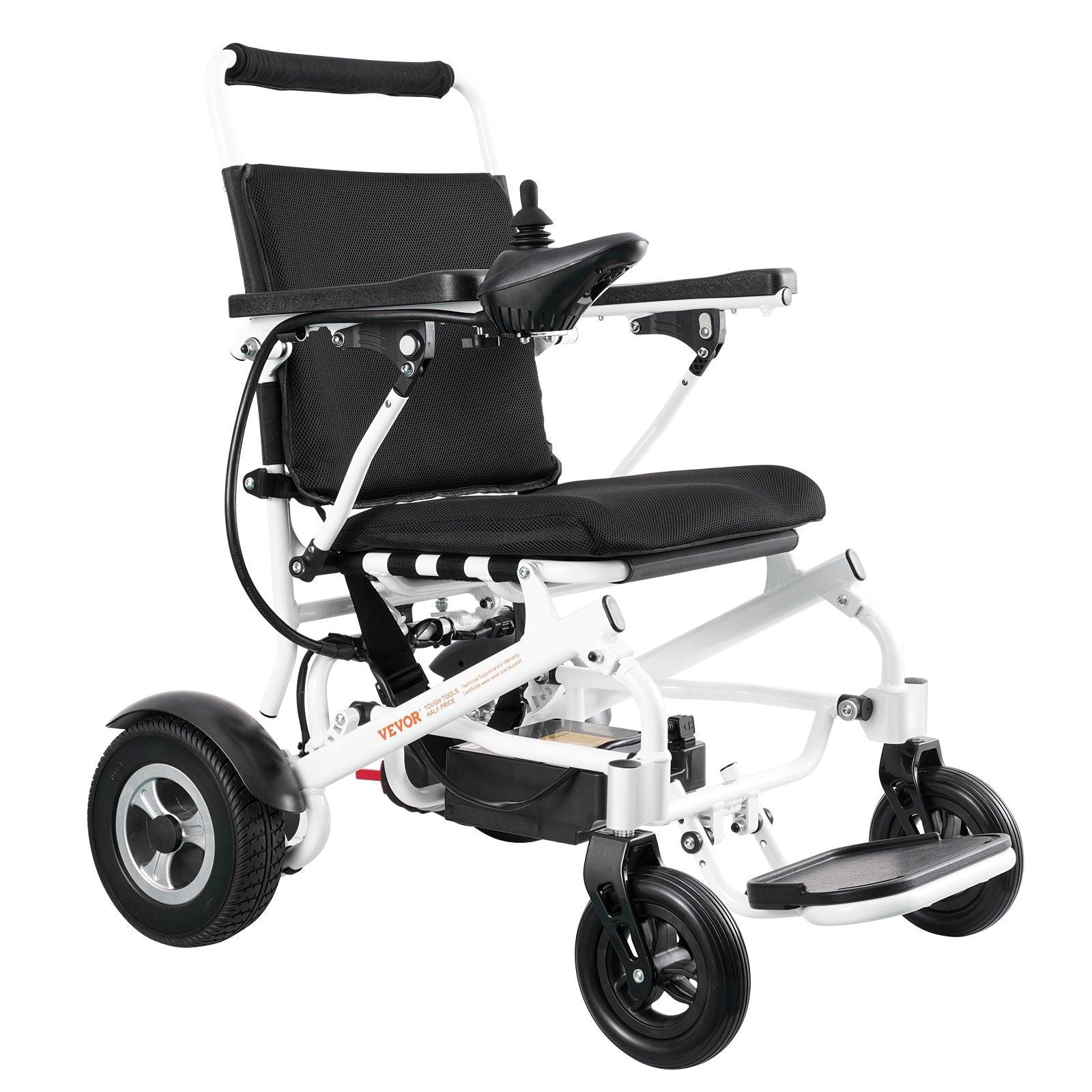 Foldable power wheelchair, 20 in seat width, black seat and back, white frame