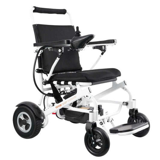 Foldable power wheelchair, 20 in seat width, black seat and back, white frame