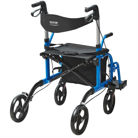 Blue 2-in-1 rollator/transport chair with padded seat, foldable frame, 4 wheels