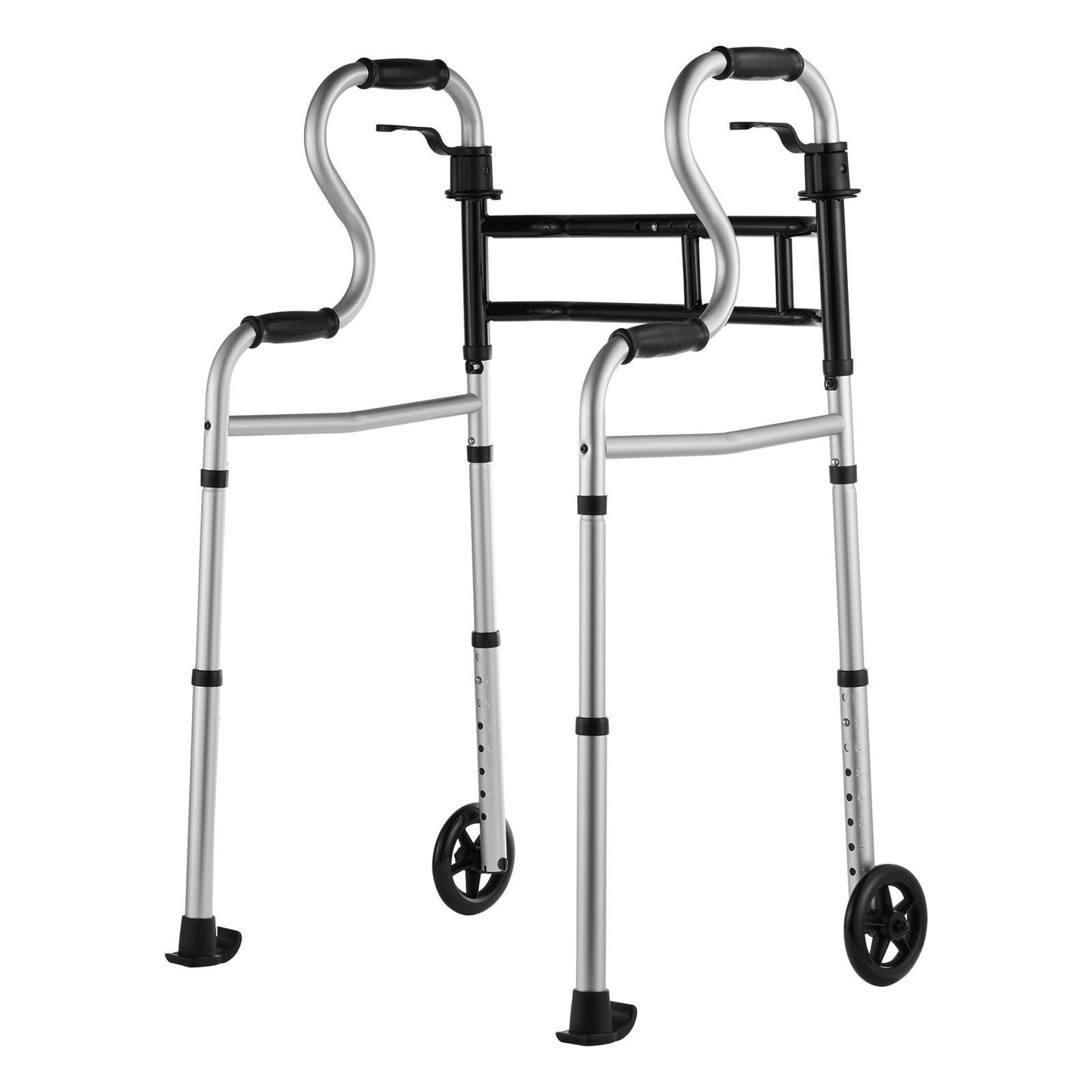 Adjustable height and width folding walker with wheels and stand-assist handles.
