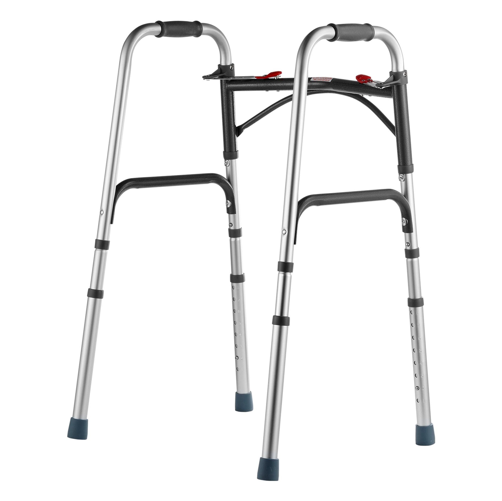 Folding aluminum walker with adjustable height and comfortable grips, supporting up to 350 lbs