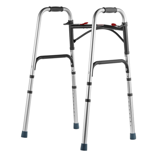 Folding aluminum walker with adjustable height and comfortable grips, supporting up to 350 lbs